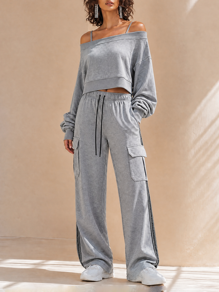 Women's Casual Off-Shoulder Cami Dropped-Shoulder Long-Sleeve Cropped Sweatshirt & Drawstring Cargo Wide-Leg Trouser Set MDZ2080H0CMX