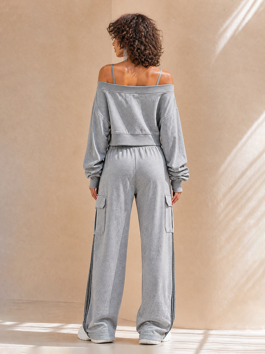 Women's Casual Off-Shoulder Cami Dropped-Shoulder Long-Sleeve Cropped Sweatshirt & Drawstring Cargo Wide-Leg Trouser Set MDZ2080H0CMX