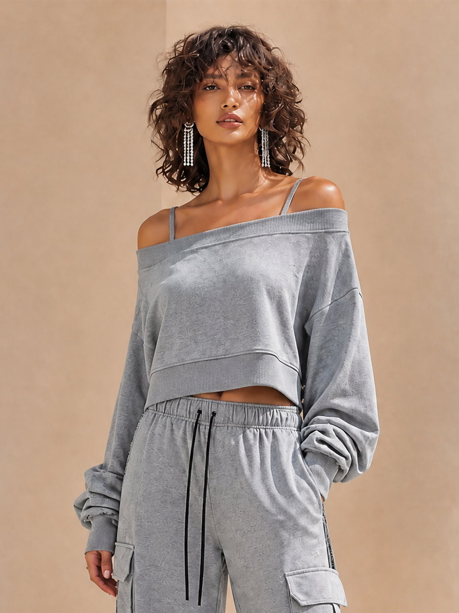 Women's Casual Off-Shoulder Cami Dropped-Shoulder Long-Sleeve Cropped Sweatshirt & Drawstring Cargo Wide-Leg Trouser Set MDZ2080H0CMX