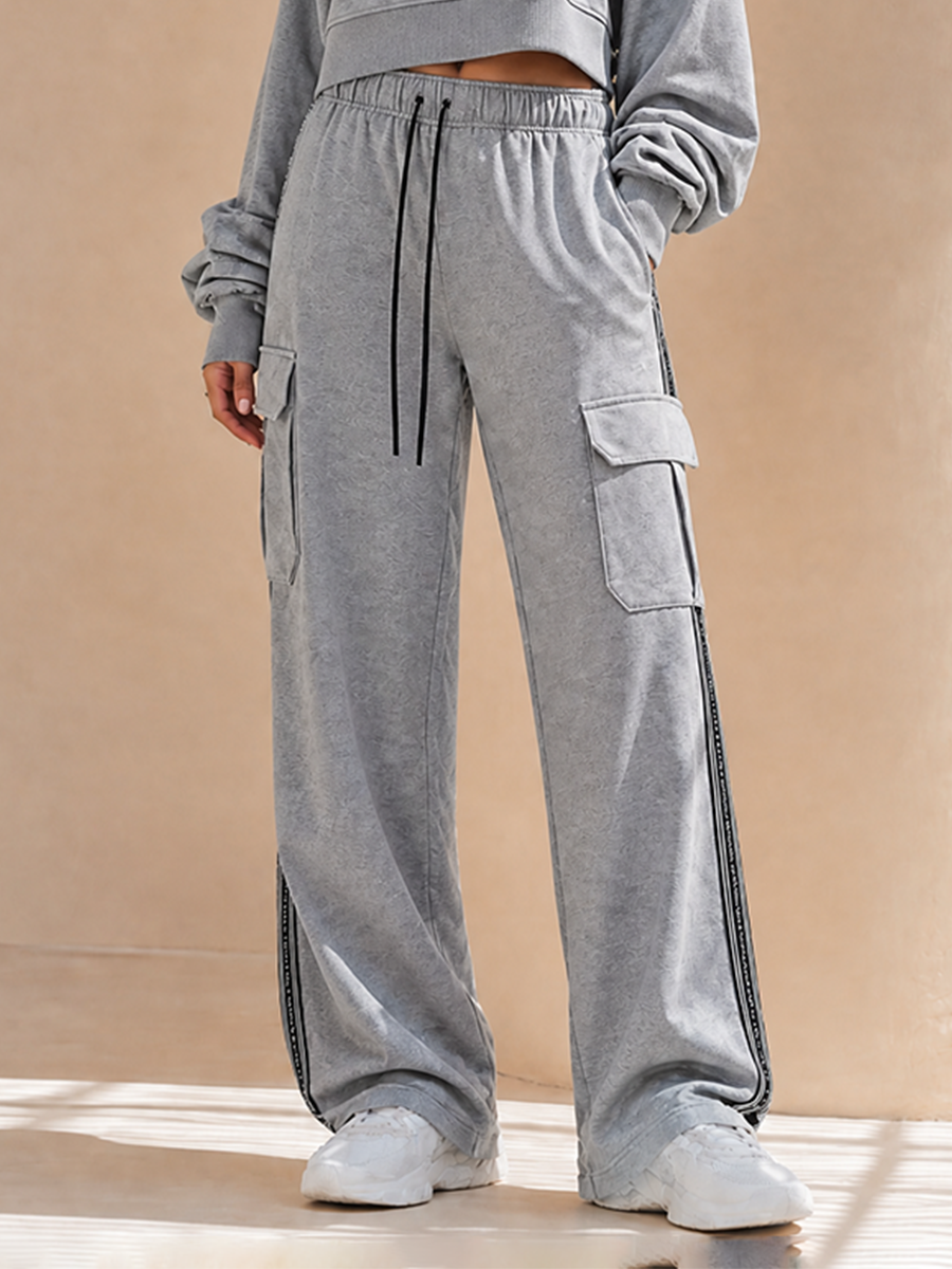 Women's Casual Off-Shoulder Cami Dropped-Shoulder Long-Sleeve Cropped Sweatshirt & Drawstring Cargo Wide-Leg Trouser Set MDZ2080H0CMX