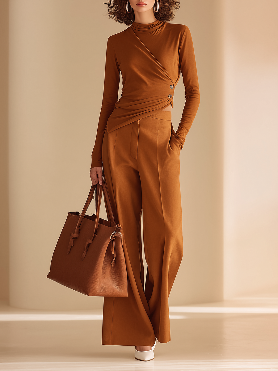 Women's Elegant High-Neck Wrap Button Long-Sleeve Top & High-Waisted Wide-Leg Trouser Set MDZ2071H7CMX