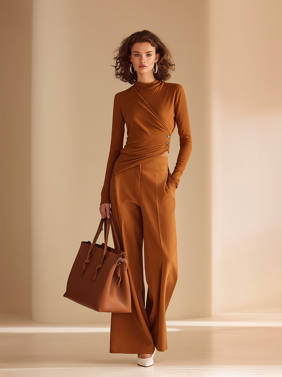 Women's Elegant High-Neck Wrap Button Long-Sleeve Top & High-Waisted Wide-Leg Trouser Set MDZ2071H7CMX