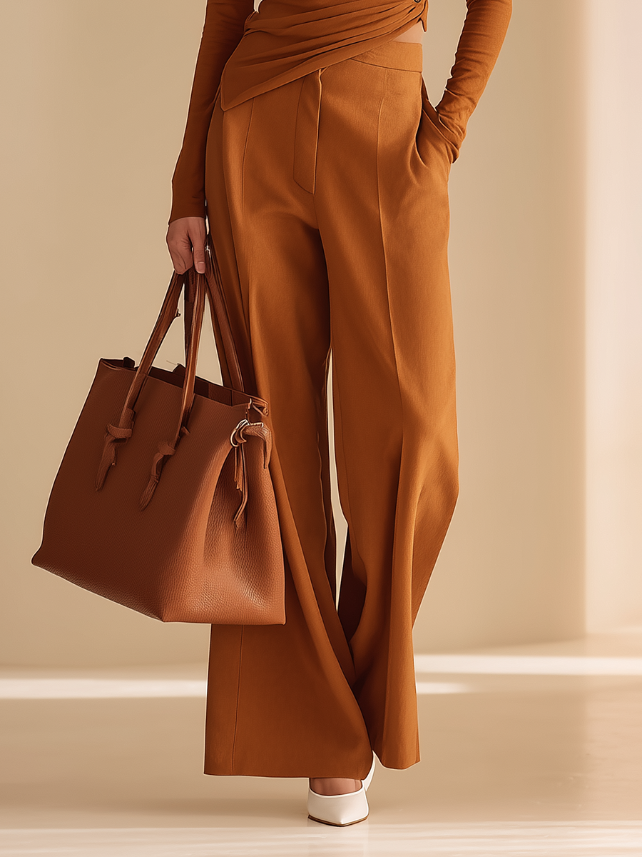 Women's Elegant High-Neck Wrap Button Long-Sleeve Top & High-Waisted Wide-Leg Trouser Set MDZ2071H7CMX