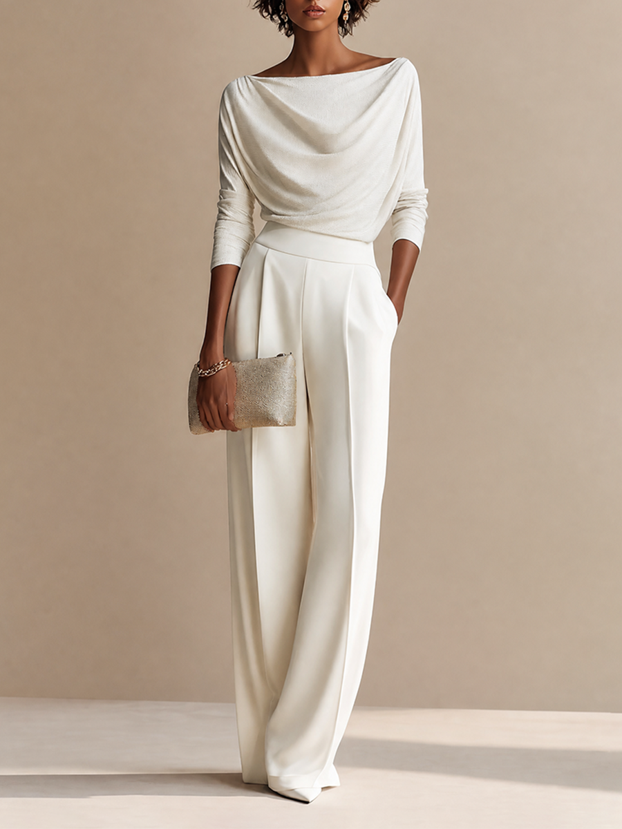 Women's Elegant Draped Boat-Neck Long-Sleeve Top & High-Waisted Pleated Wide-Leg Trouser Set MDZ2056H6CMX