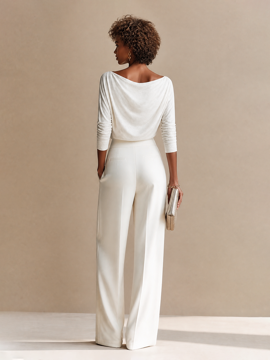Women's Elegant Draped Boat-Neck Long-Sleeve Top & High-Waisted Pleated Wide-Leg Trouser Set MDZ2056H6CMX