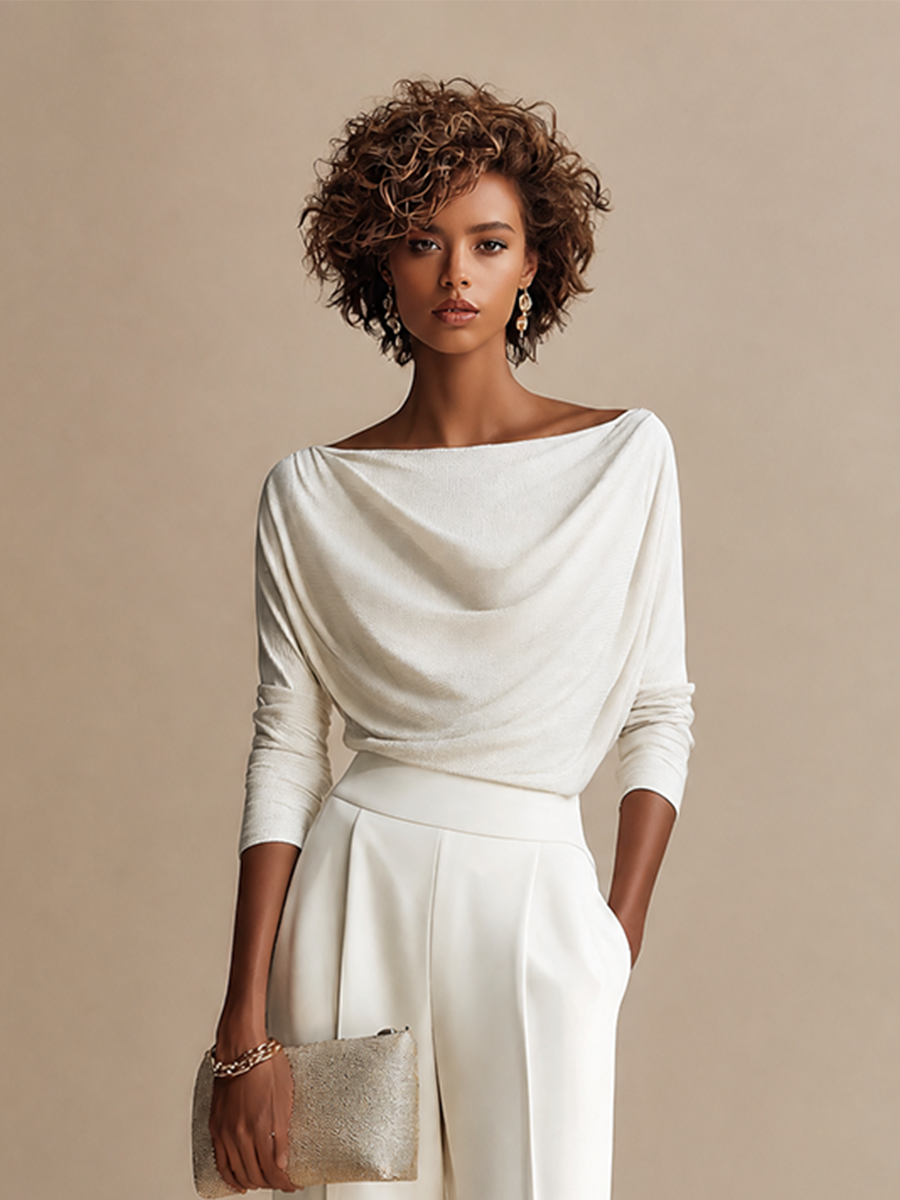 Women's Elegant Draped Boat-Neck Long-Sleeve Top & High-Waisted Pleated Wide-Leg Trouser Set MDZ2056H6CMX