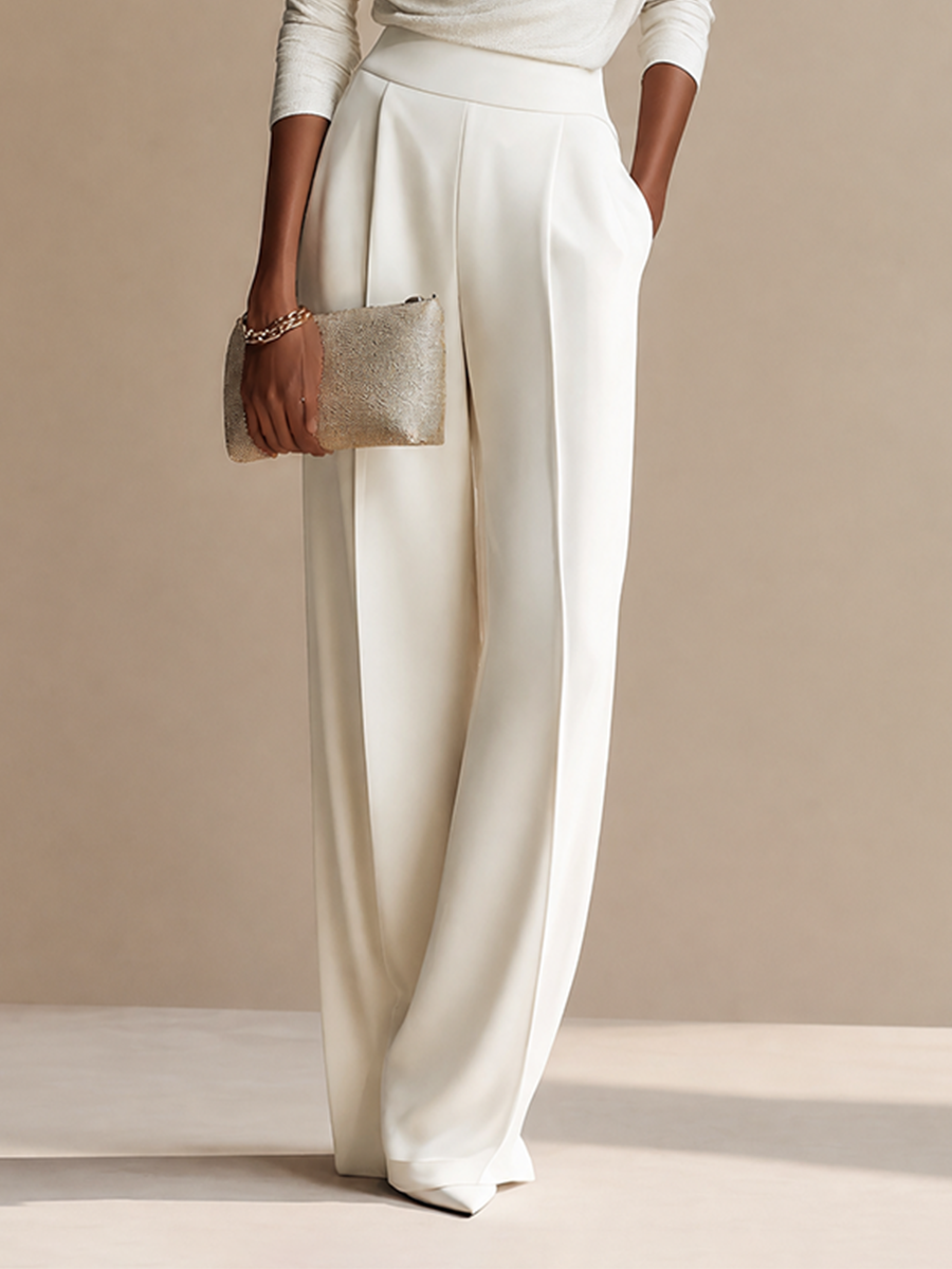 Women's Elegant Draped Boat-Neck Long-Sleeve Top & High-Waisted Pleated Wide-Leg Trouser Set MDZ2056H6CMX