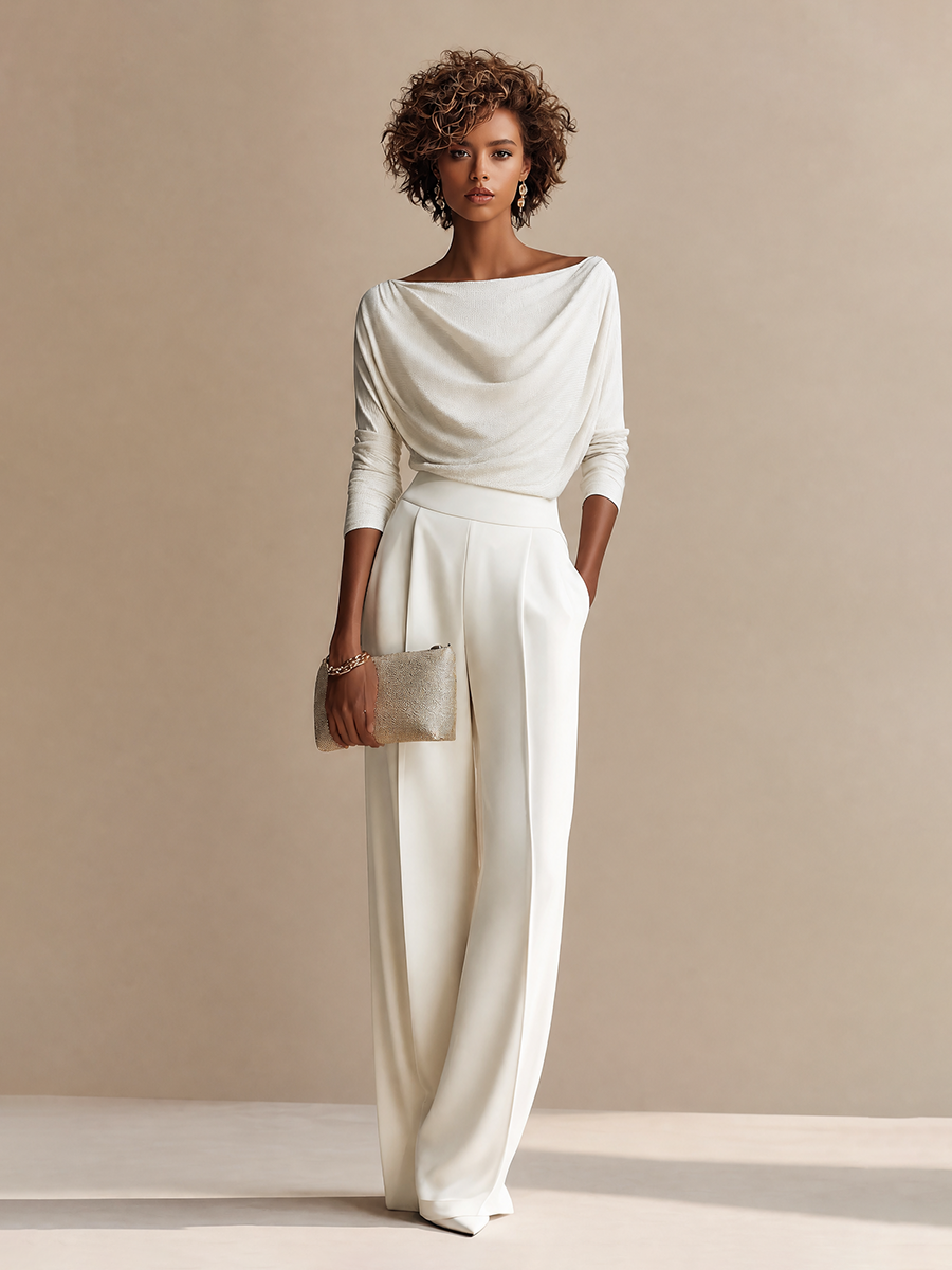 Women's Elegant Draped Boat-Neck Long-Sleeve Top & High-Waisted Pleated Wide-Leg Trouser Set MDZ2056H6CMX