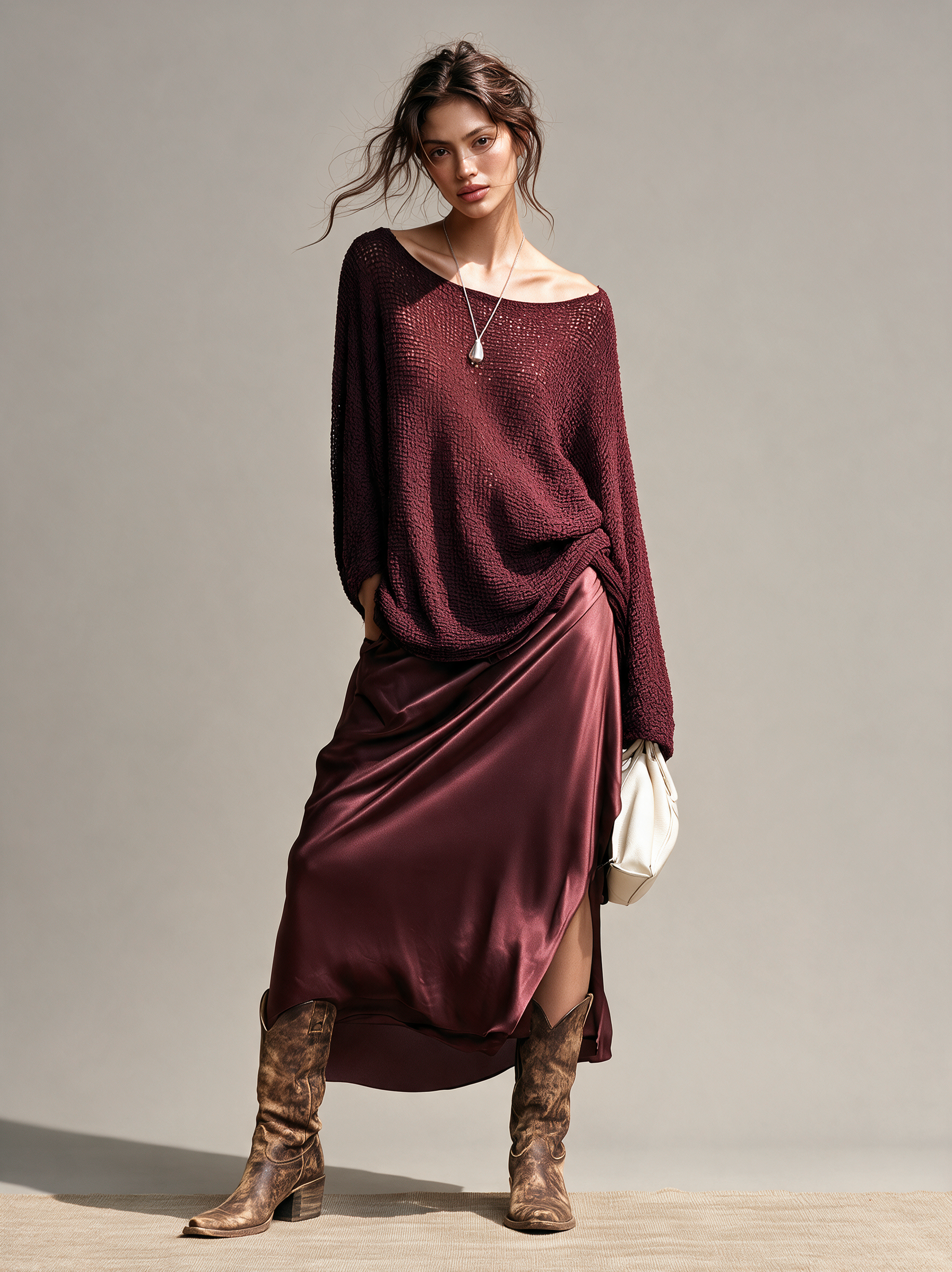 Women's Vintage Sweater And Slit Satin Midi Skirt Set MDZ1921H8WY