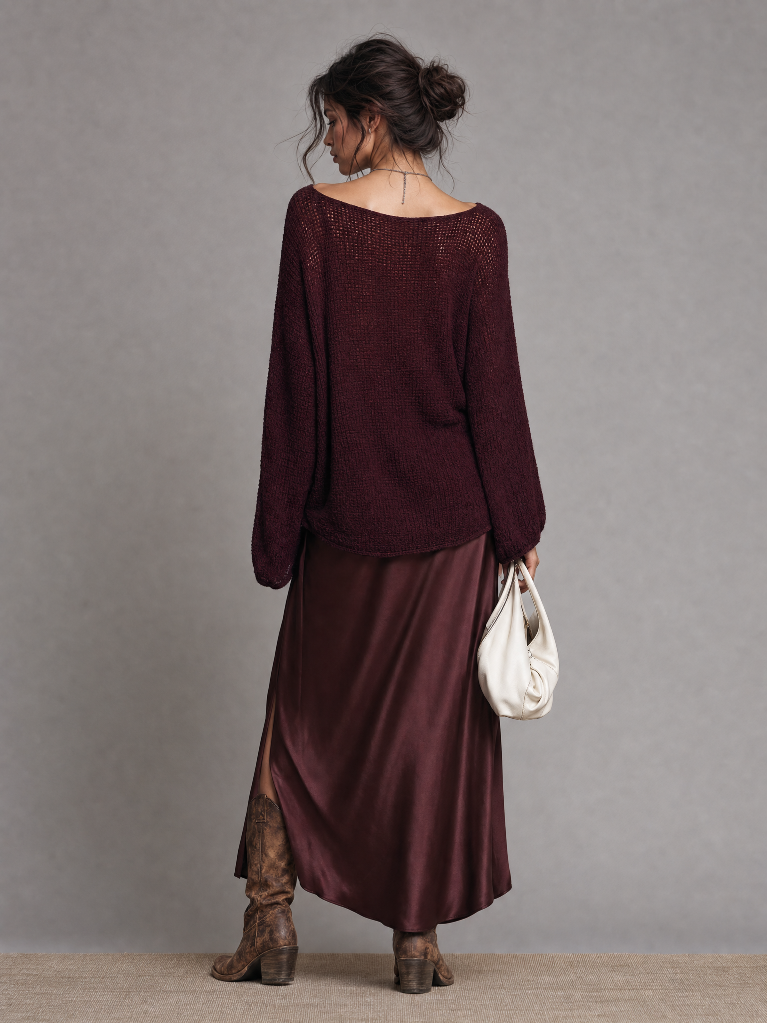 Women's Vintage Sweater And Slit Satin Midi Skirt Set MDZ1921H8WY