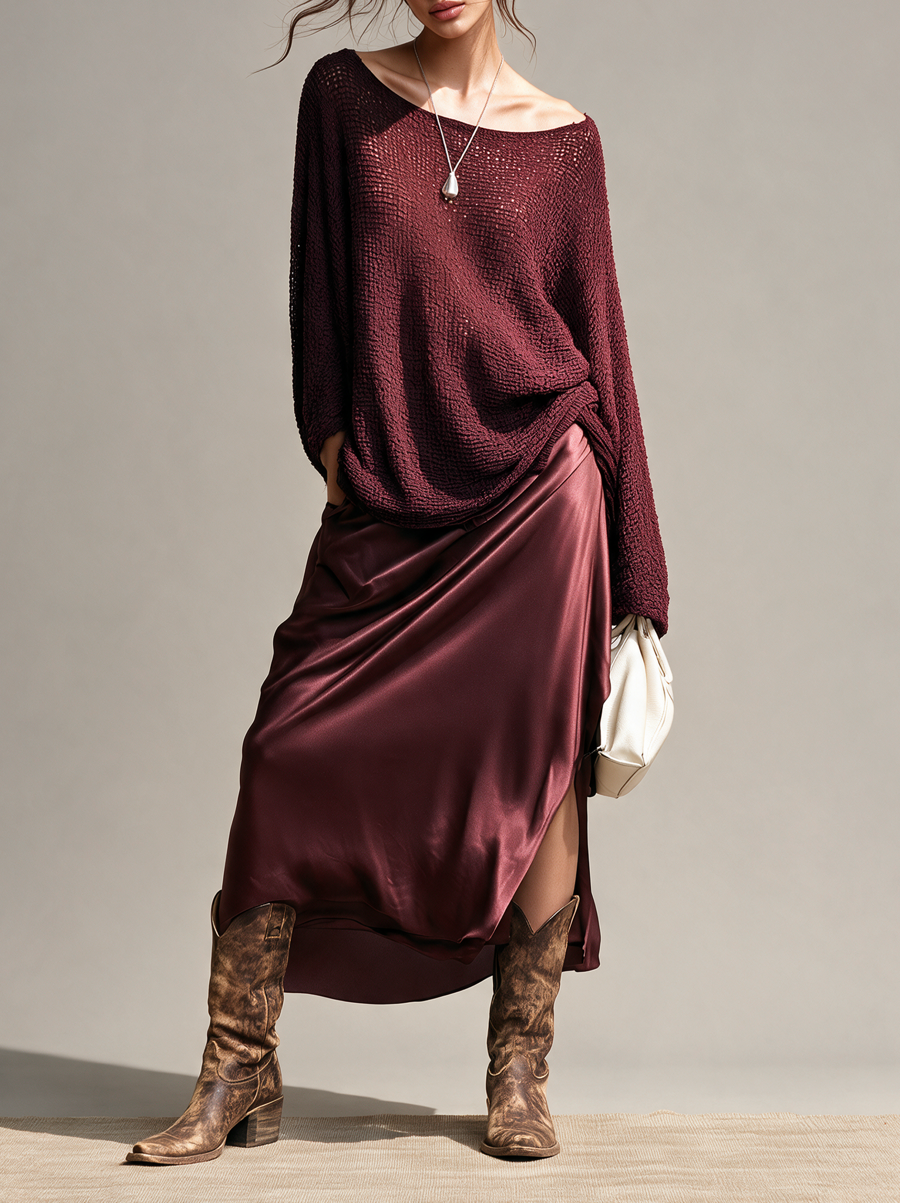 Women's Vintage Sweater And Slit Satin Midi Skirt Set MDZ1921H8WY