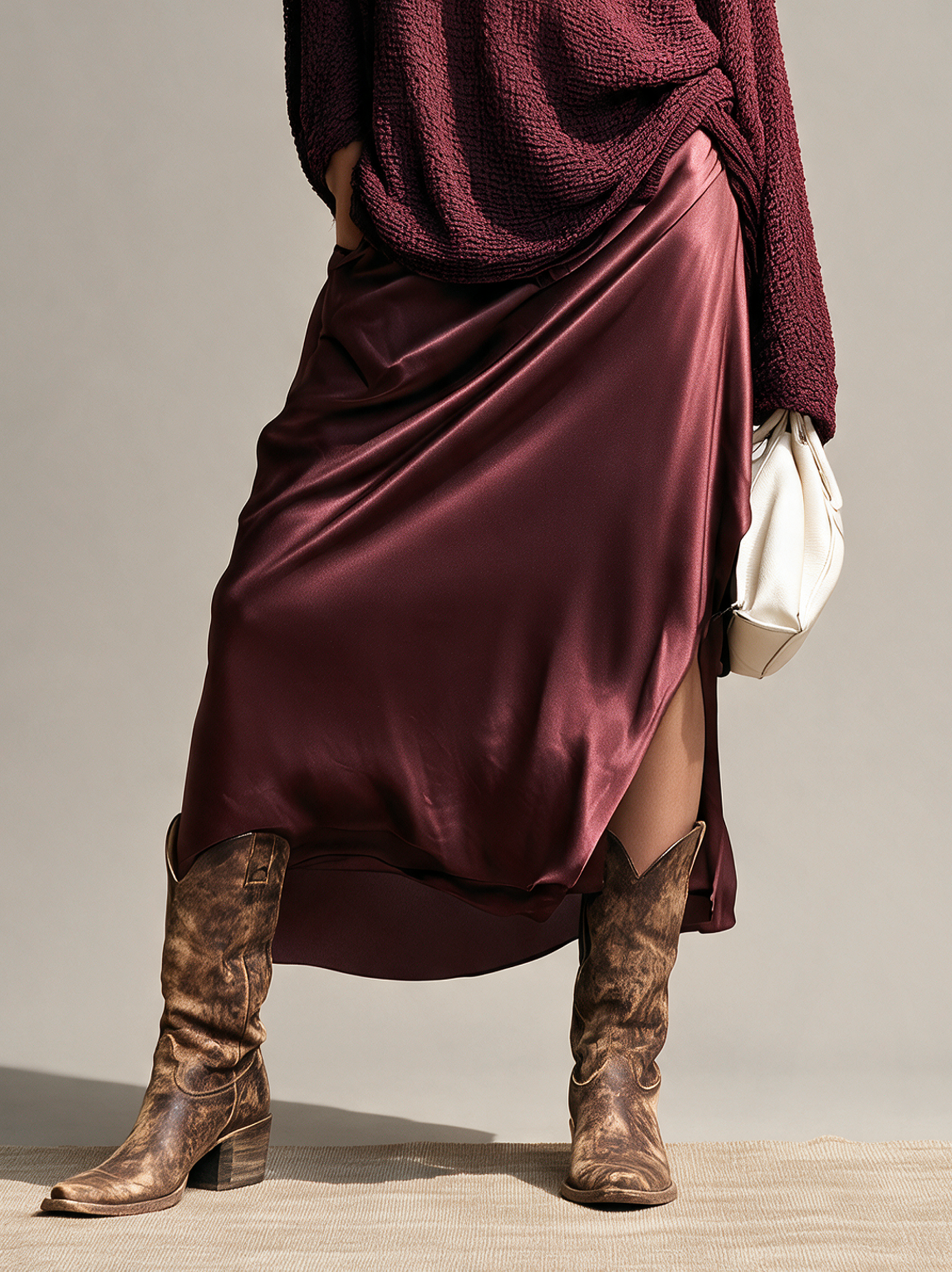 Women's Vintage Sweater And Slit Satin Midi Skirt Set MDZ1921H8WY