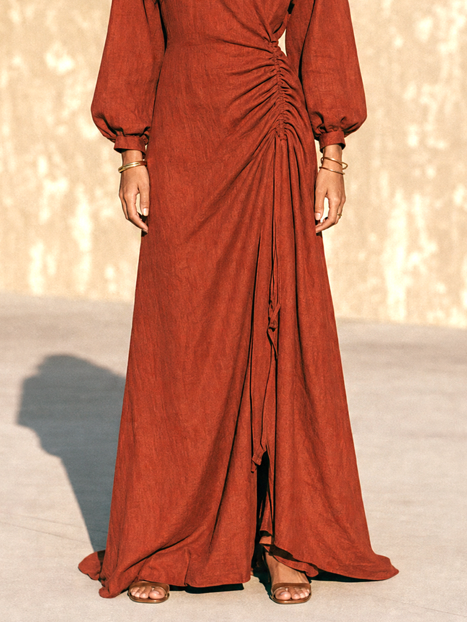 Women's Vintage Long-Sleeve Maxi Dress With Side Ruching MDZ0399H3WY