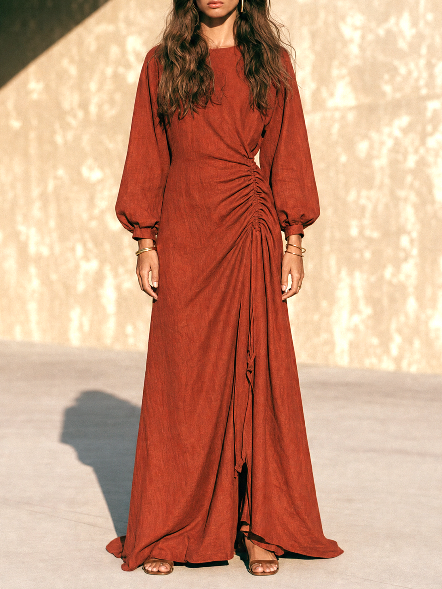 Women's Vintage Long-Sleeve Maxi Dress With Side Ruching MDZ0399H3WY