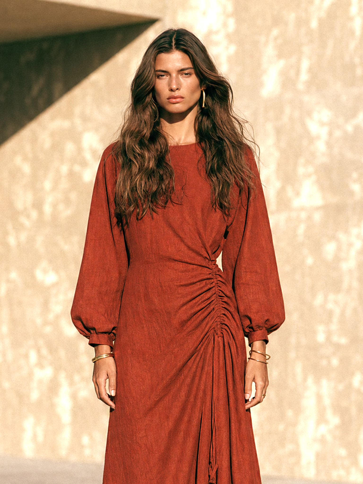 Women's Vintage Long-Sleeve Maxi Dress With Side Ruching MDZ0399H3WY