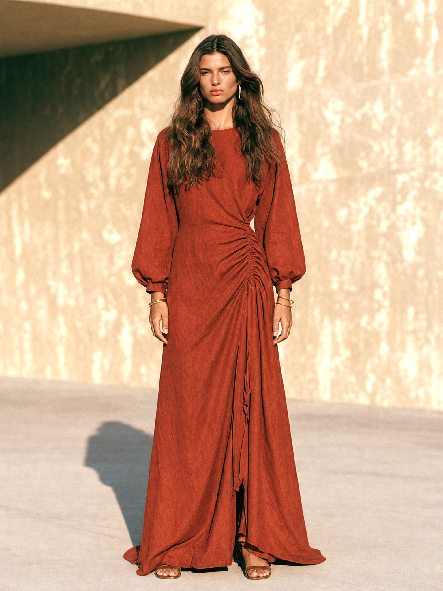 Women's Vintage Long-Sleeve Maxi Dress With Side Ruching MDZ0399H3WY
