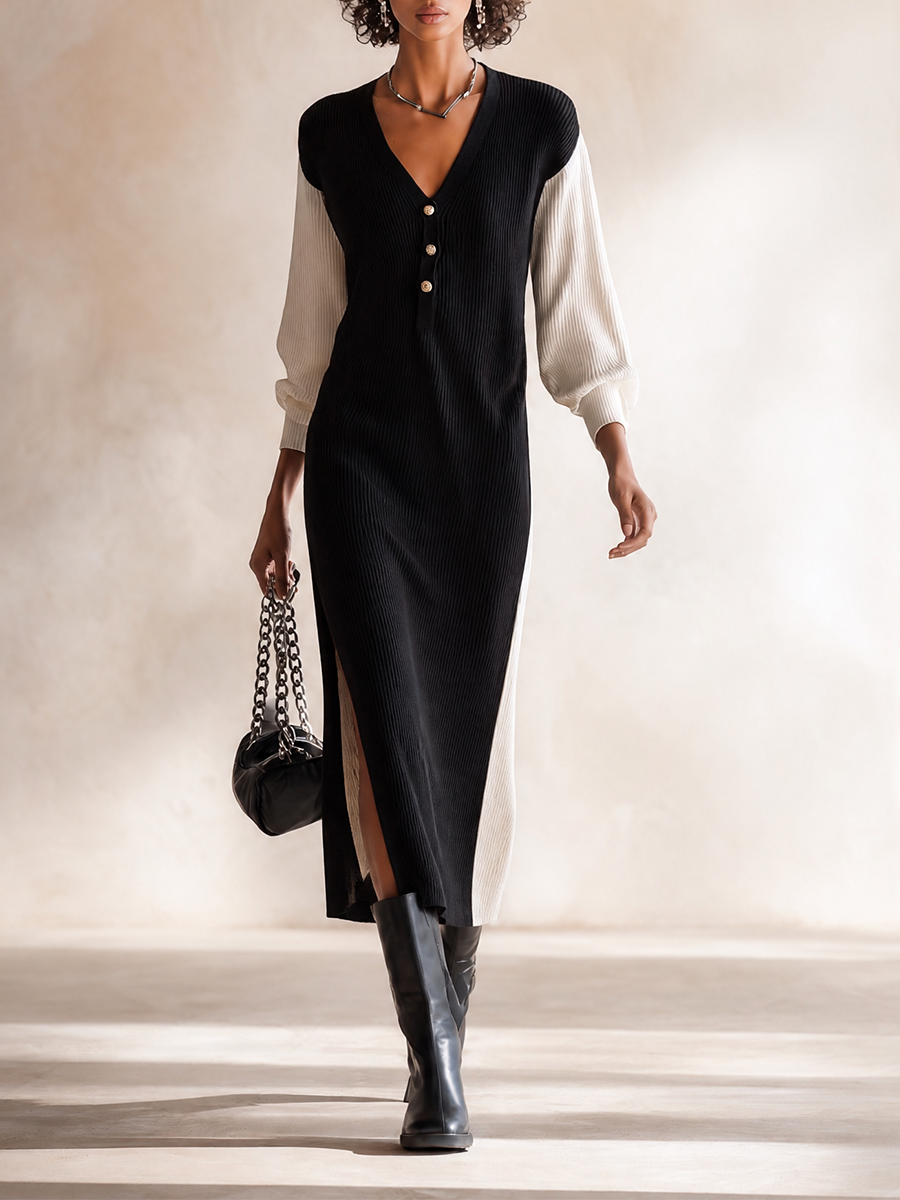 Women's Elegant Contrast-Sleeve V-Neck Button-Front Long-Sleeve Slit Bodycon Midi Dress MDZ2073H6CMX