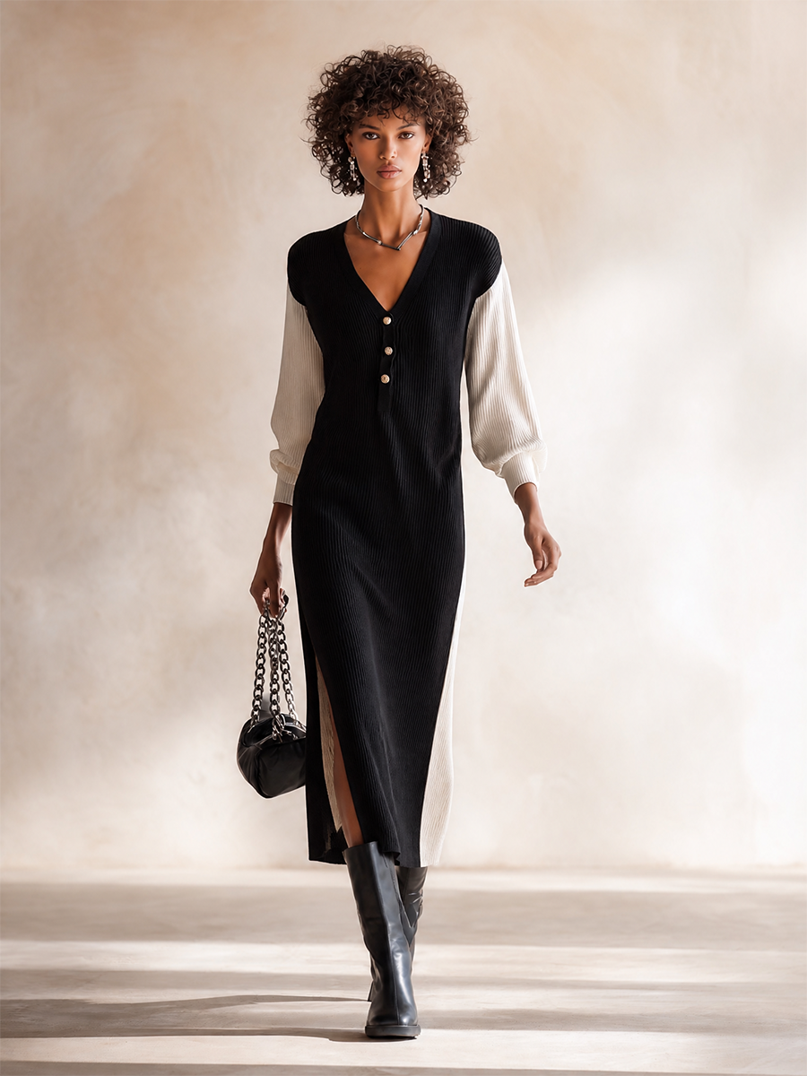 Women's Elegant Contrast-Sleeve V-Neck Button-Front Long-Sleeve Slit Bodycon Midi Dress MDZ2073H6CMX