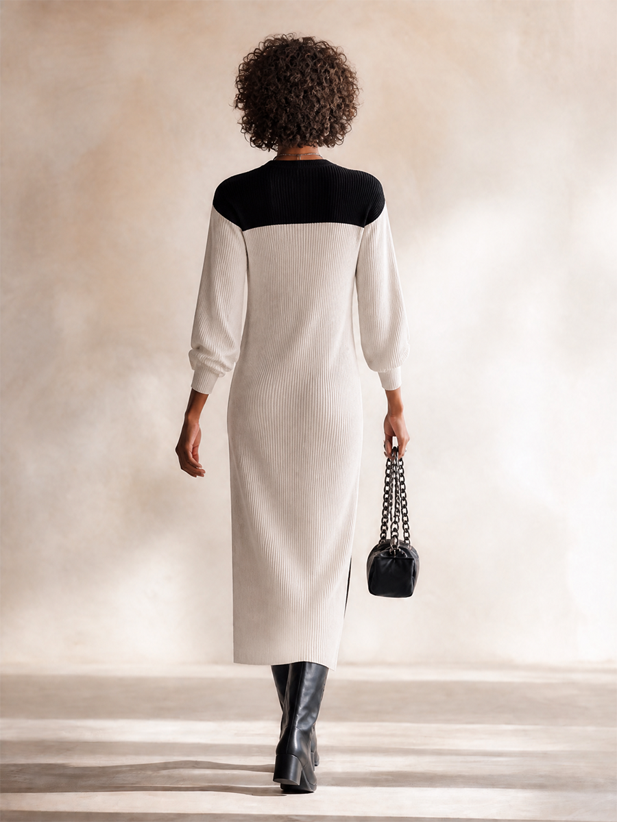 Women's Elegant Contrast-Sleeve V-Neck Button-Front Long-Sleeve Slit Bodycon Midi Dress MDZ2073H6CMX
