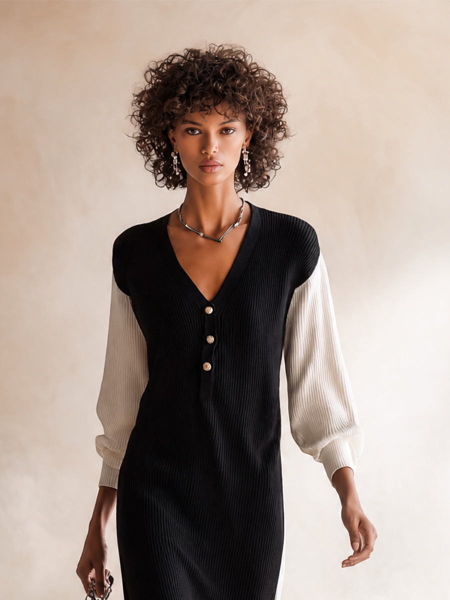 Women's Elegant Contrast-Sleeve V-Neck Button-Front Long-Sleeve Slit Bodycon Midi Dress MDZ2073H6CMX