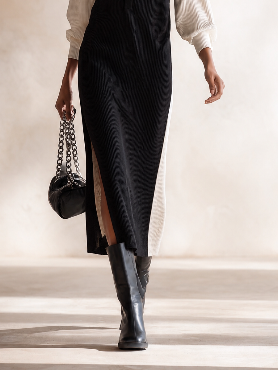 Women's Elegant Contrast-Sleeve V-Neck Button-Front Long-Sleeve Slit Bodycon Midi Dress MDZ2073H6CMX