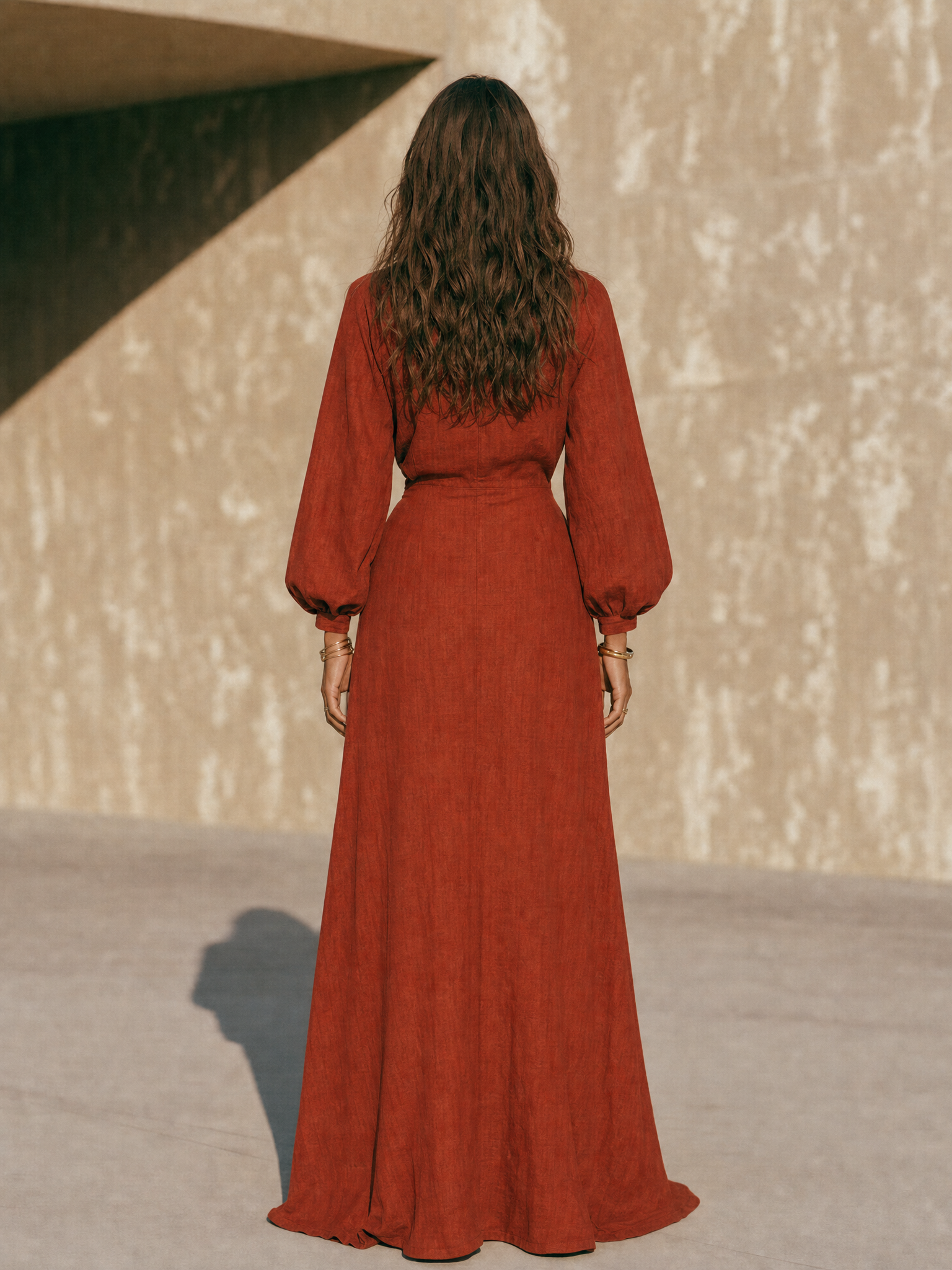 Women's Vintage Long-Sleeve Maxi Dress With Side Ruching MDZ0399H3WY