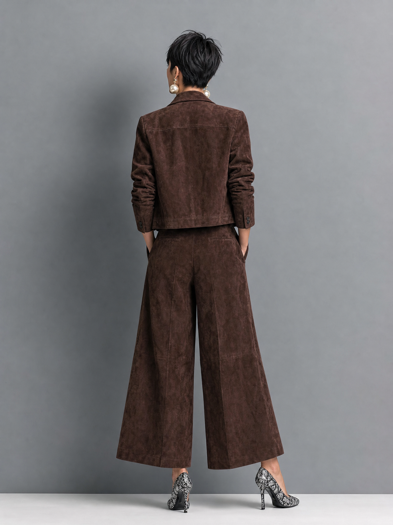 Women's Retro Faux Suede Jacket And Wide-Leg Trousers Set MDZ1985H4WY