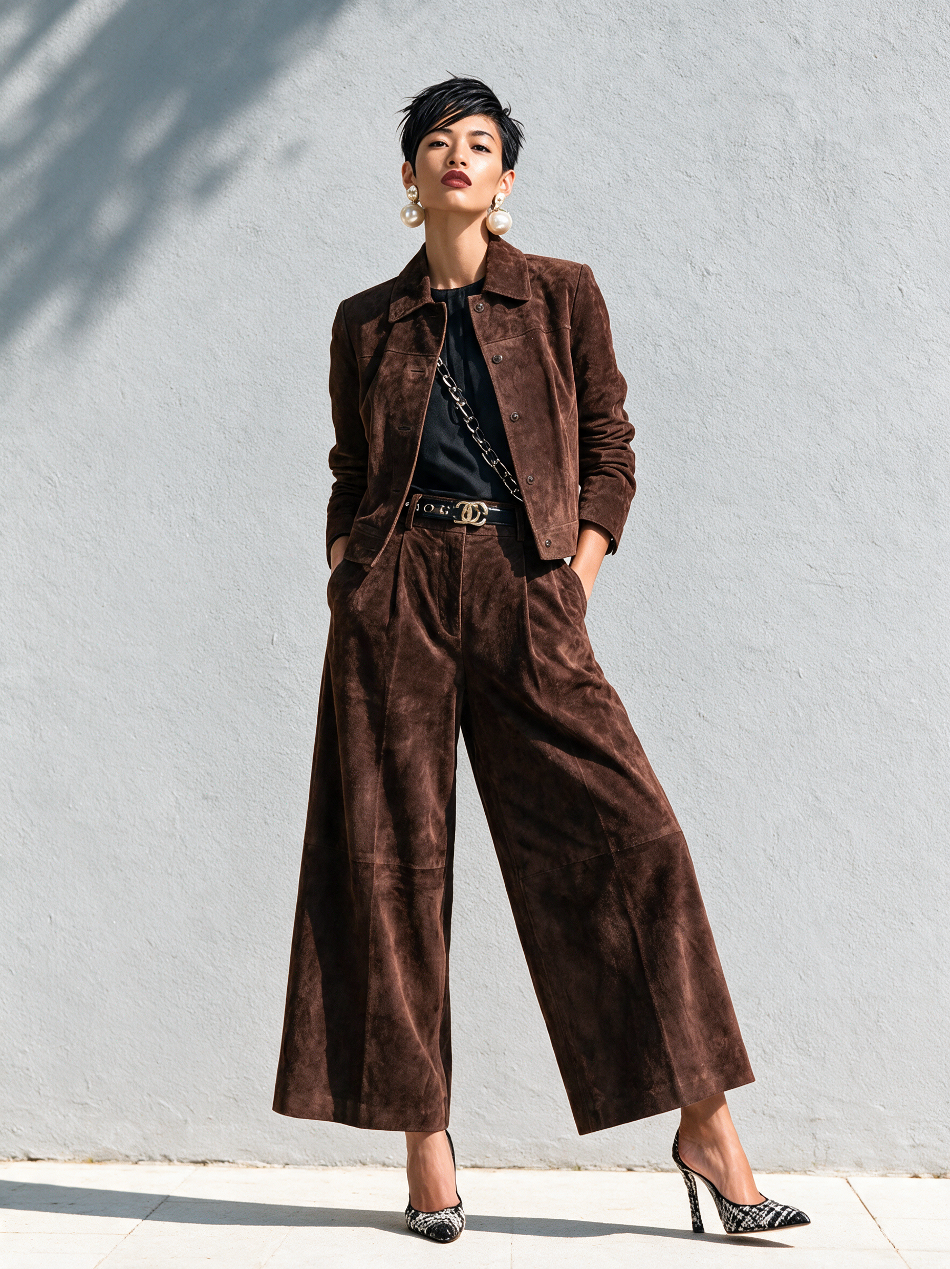 Women's Retro Faux Suede Jacket And Wide-Leg Trousers Set MDZ1985H4WY