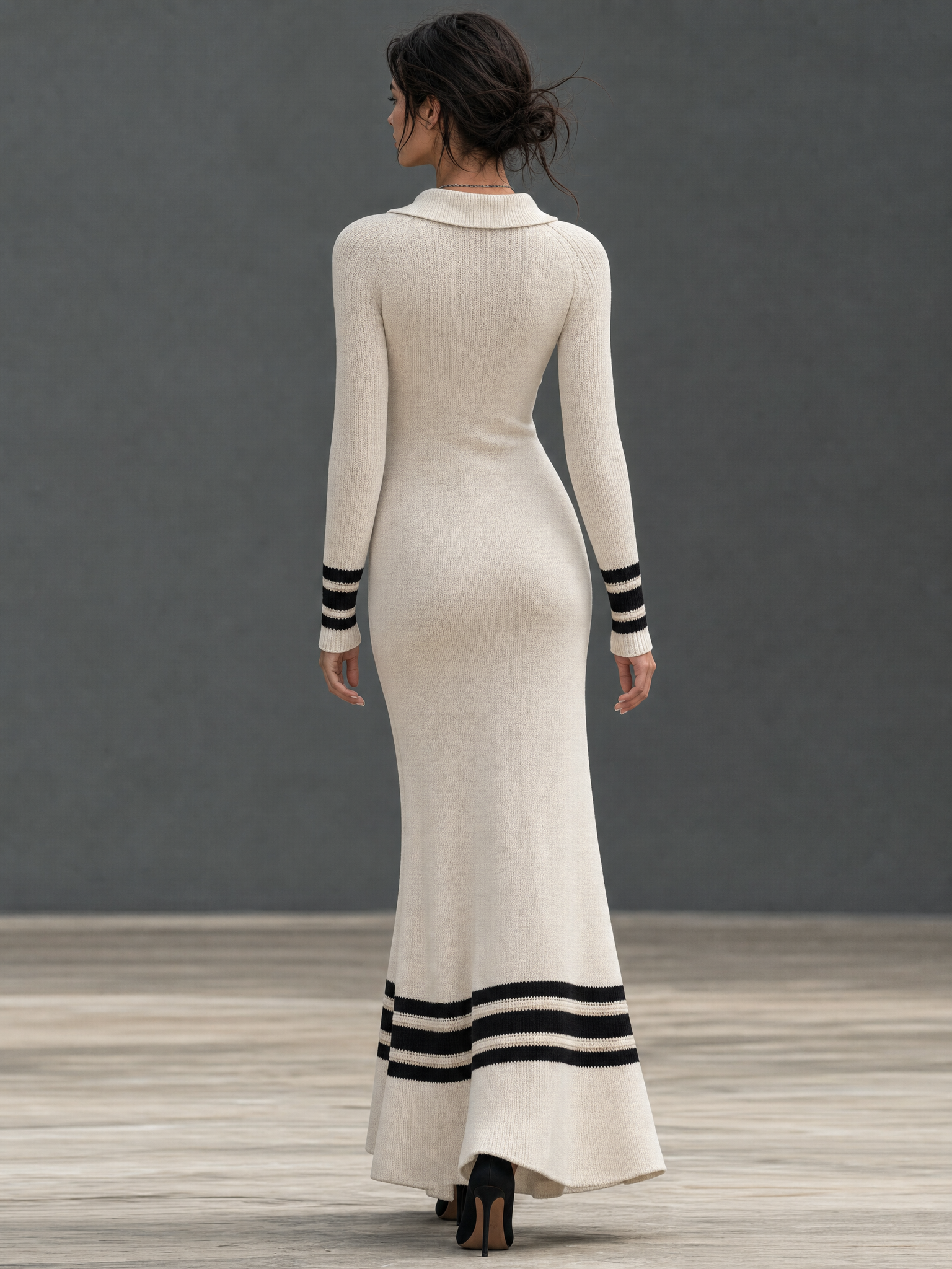 Women's Minimalist Button-Collar Striped Maxi Knit Dress MDZ1945H4WY