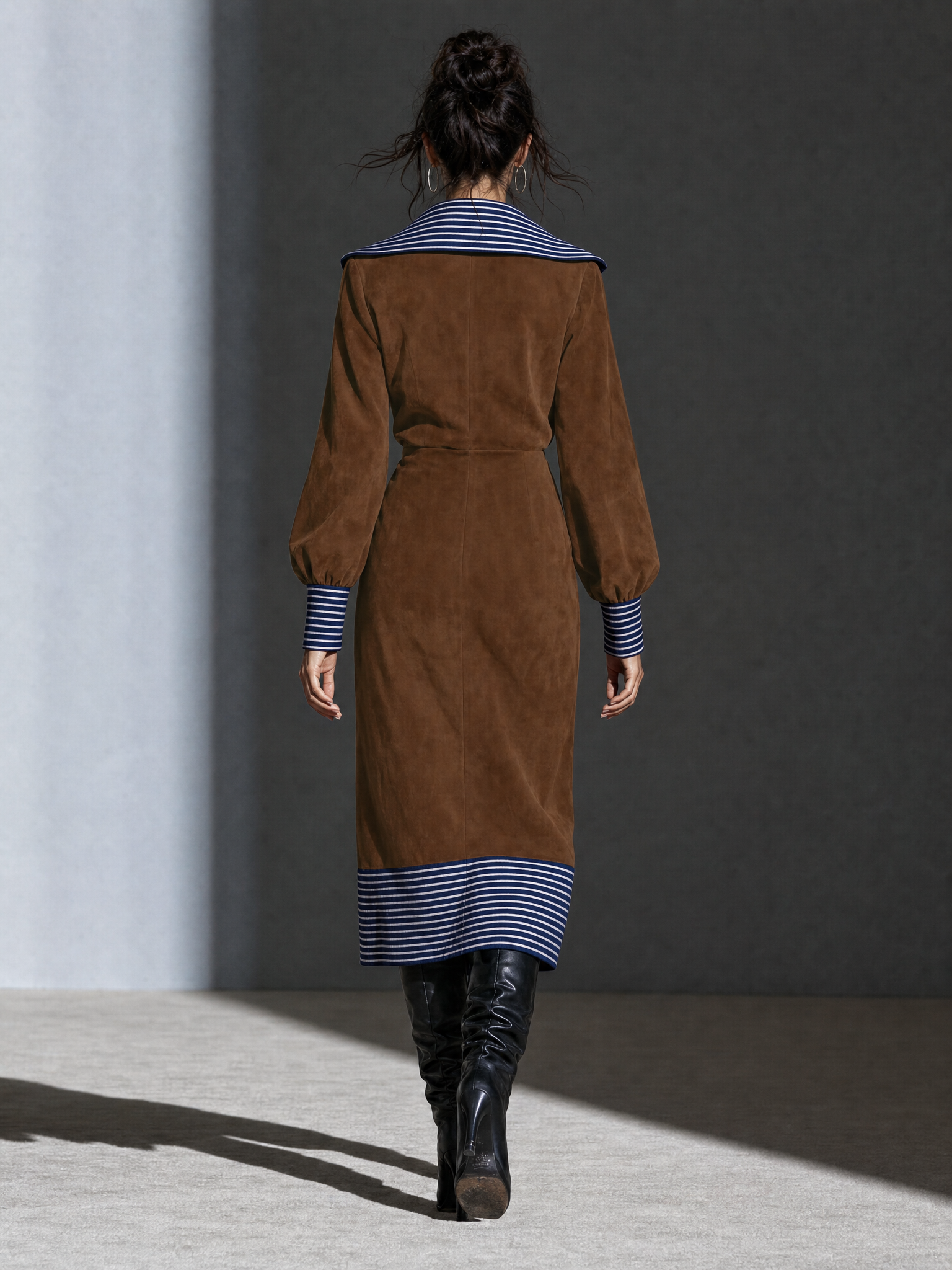 Women's Retro Faux Suede Panel Striped Midi Dress MDZ1964H3WY