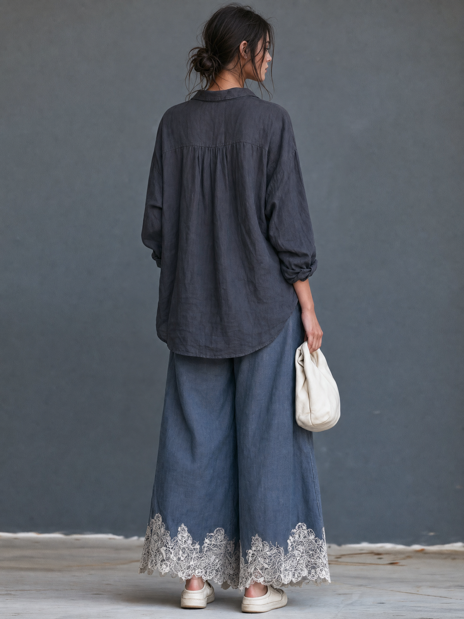 Women's Vintage-style Faux-denim Patchwork Blouse With Lace Hem Wide-leg Pants Set MDZ1948H9WY