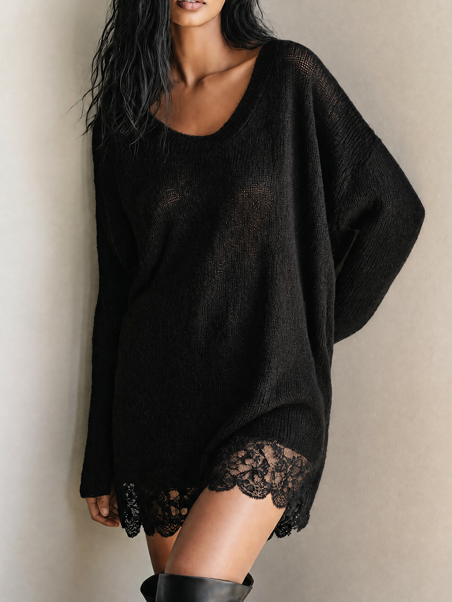 Women's Lightweight U-Neck Knit Mini Dress With Lace Hem MDZ2047H2ZRK