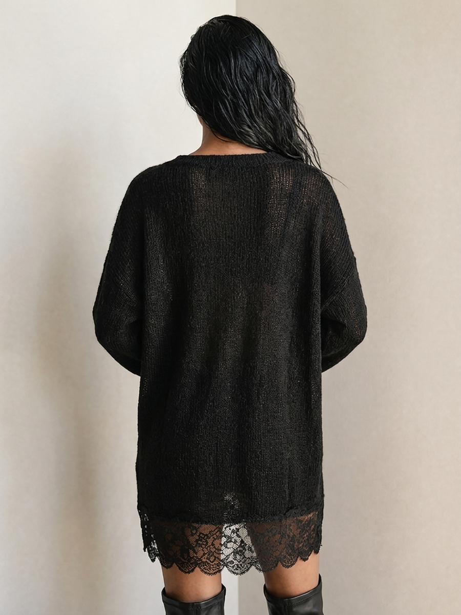 Women's Lightweight U-Neck Knit Mini Dress With Lace Hem MDZ2047H2ZRK