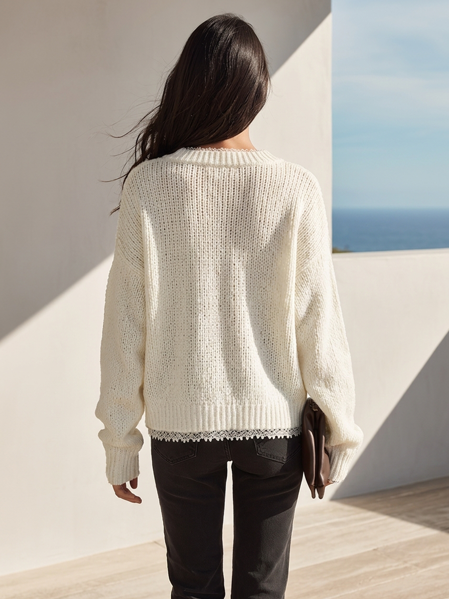 Women's V-Neck Lace-Trimmed Knit Cardigan MDZ2042H8ZRK