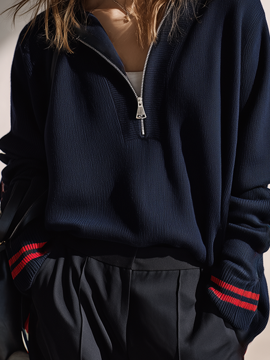 Women's Half-Zip Knit Top With Contrast-Cuff Detail MDZ2069H0ZRK