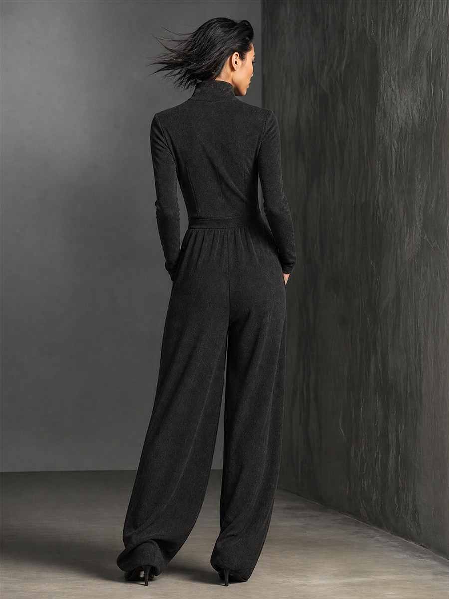Women's Zip‑Front Drawstring Wide‑Leg Jumpsuit For City Casual MDZ2022H5LYL