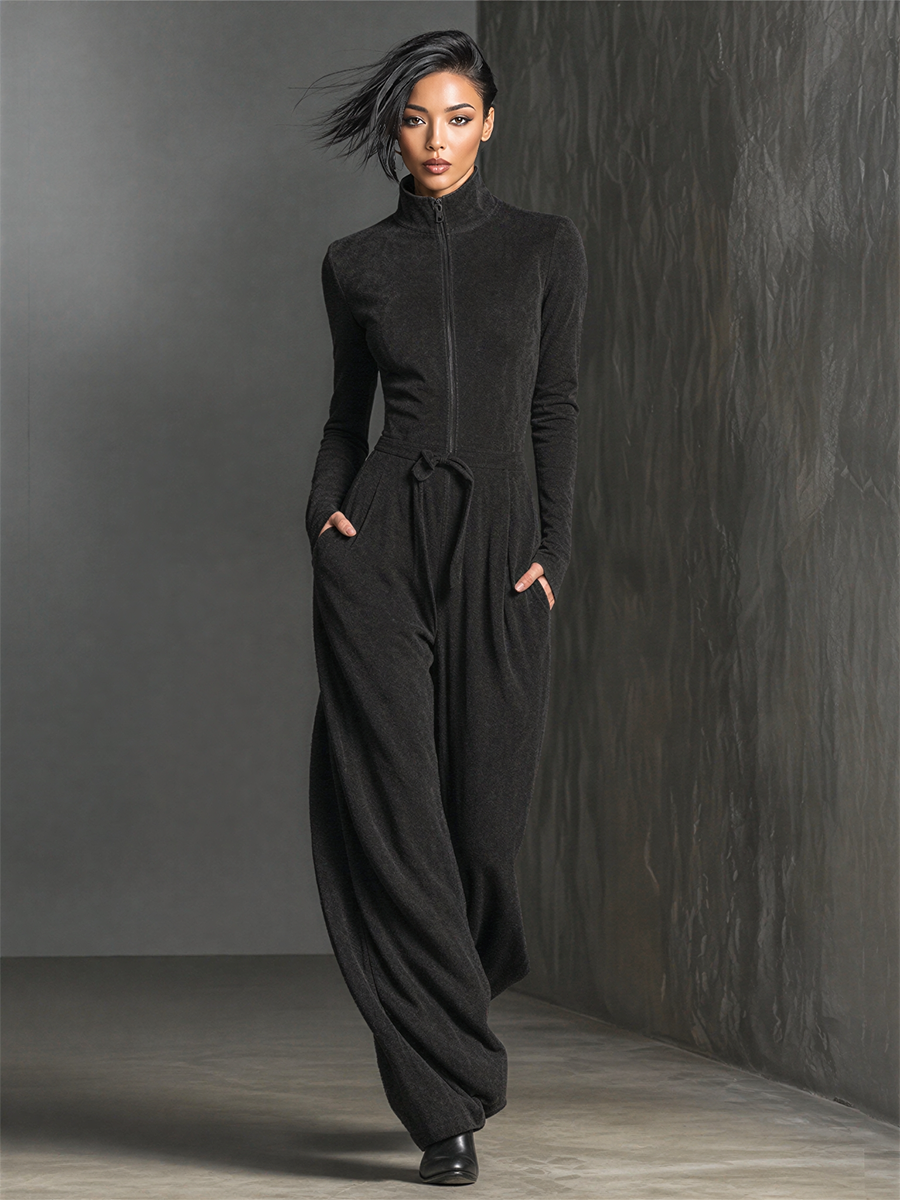 Women's Zip‑Front Drawstring Wide‑Leg Jumpsuit For City Casual MDZ2022H5LYL