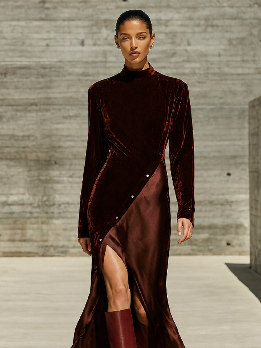 Women's Velvet Satin High‑Slit Maxi Dress For Evening Parties MDZ2035H2LYL