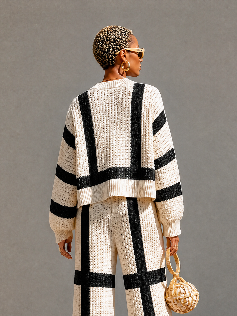 Women's Cream‑Black Knit Cropped Cardigan For Vacation MDZ2088H0LYL