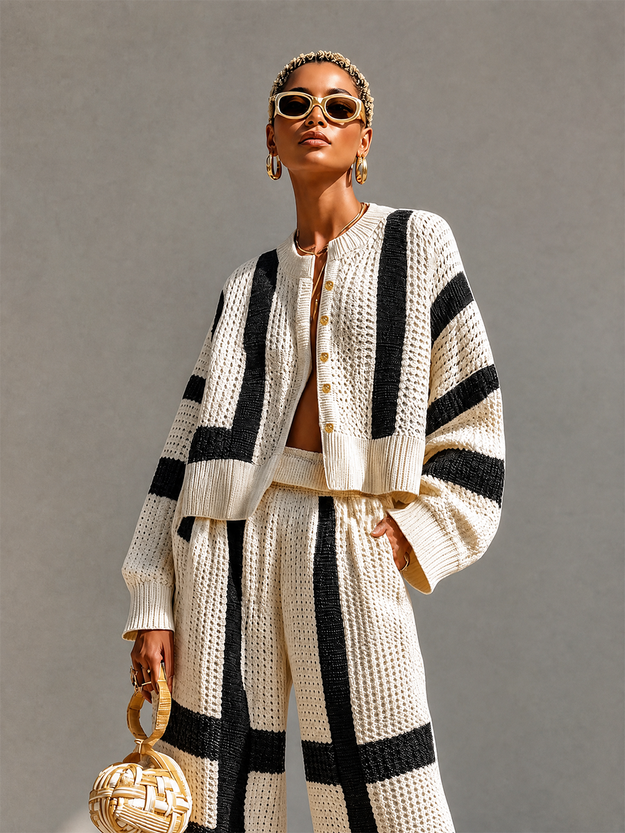Women's Cream‑Black Knit Cropped Cardigan For Vacation MDZ2088H0LYL