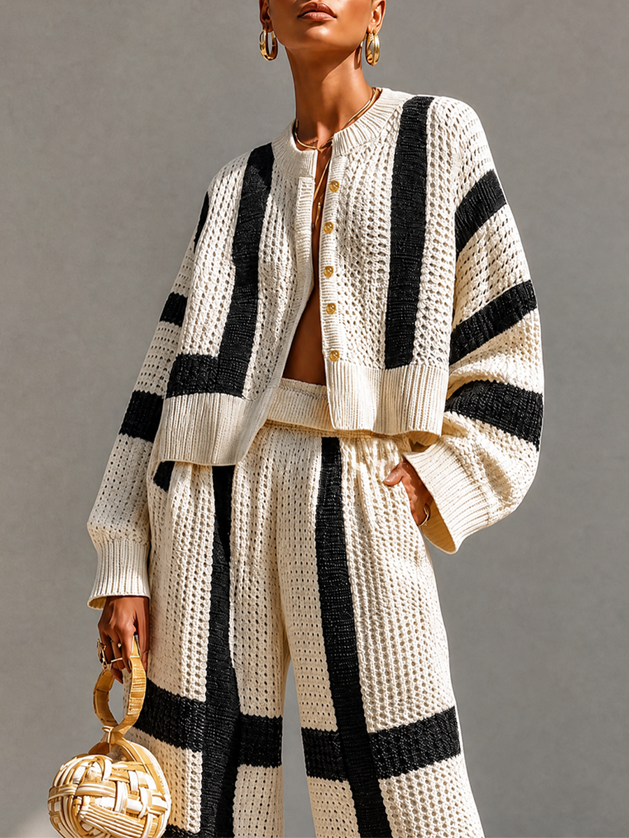 Women's Cream‑Black Knit Cropped Cardigan For Vacation MDZ2088H0LYL