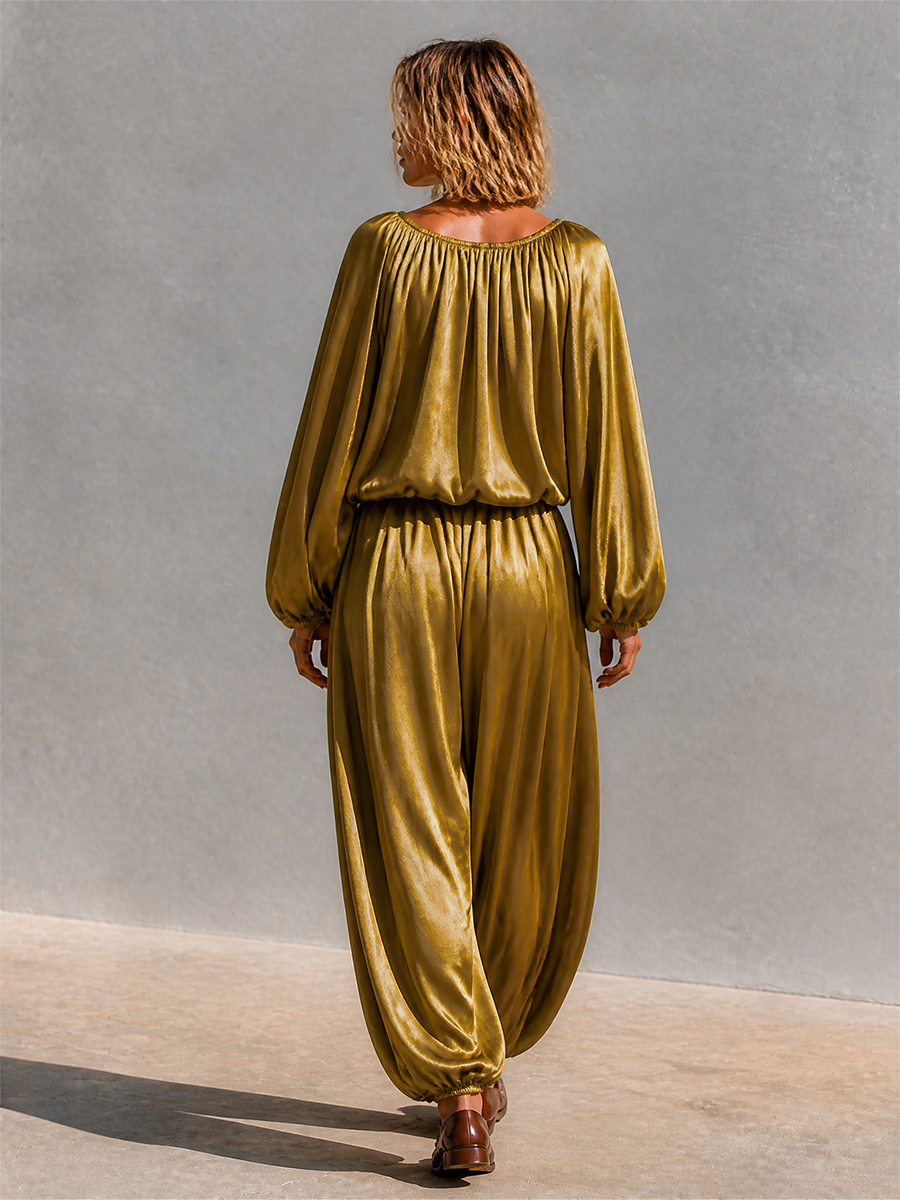 Women's Satin Balloon‑Sleeve Two‑Piece Set For Resort Getaways MDZ2037H6LYL