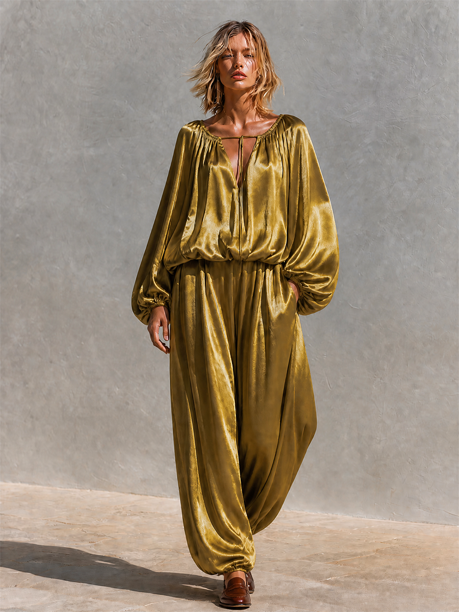 Women's Satin Balloon‑Sleeve Two‑Piece Set For Resort Getaways MDZ2037H6LYL