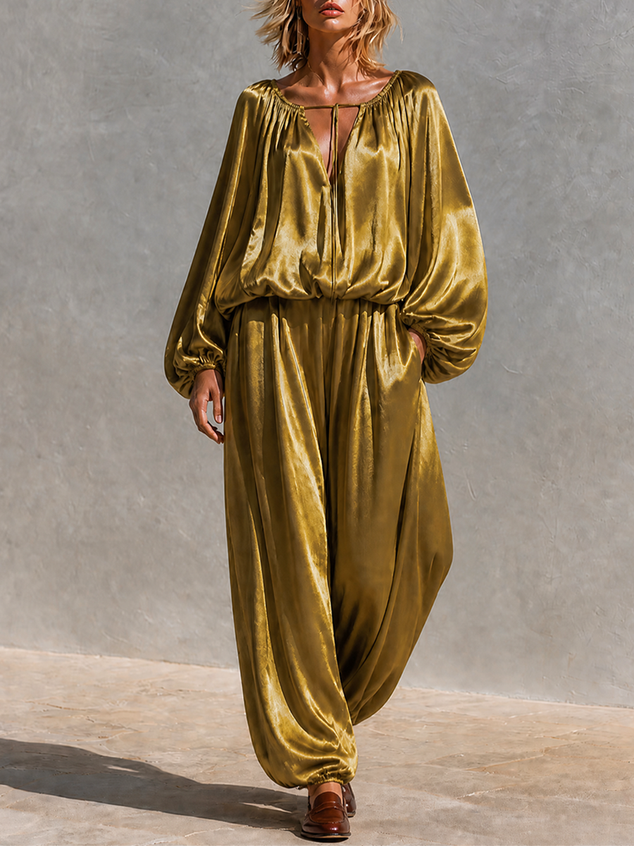 Women's Satin Balloon‑Sleeve Two‑Piece Set For Resort Getaways MDZ2037H6LYL