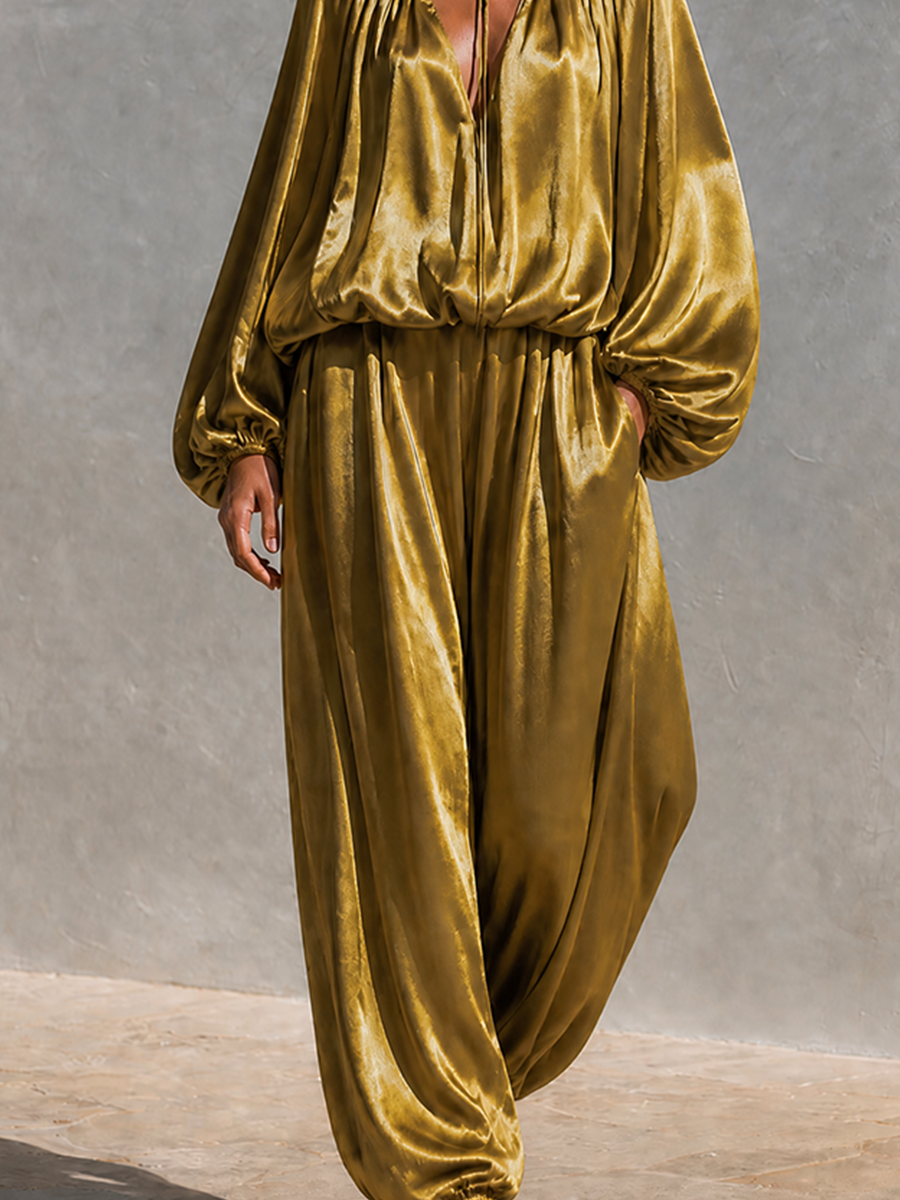 Women's Satin Balloon‑Sleeve Two‑Piece Set For Resort Getaways MDZ2037H6LYL