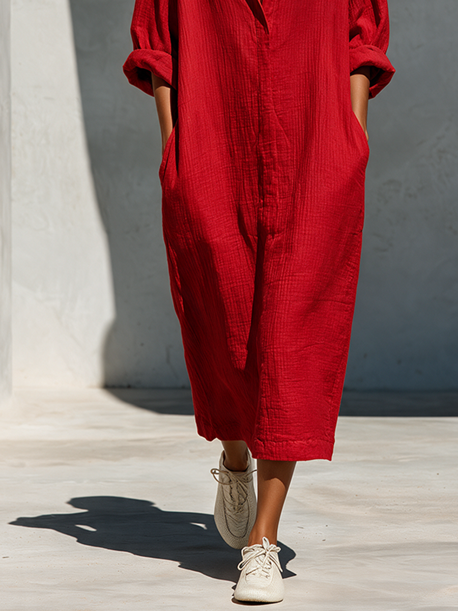 Women's Red Oversized Cotton Shirt Dress For Casual Travel MDZ2040H8LYL
