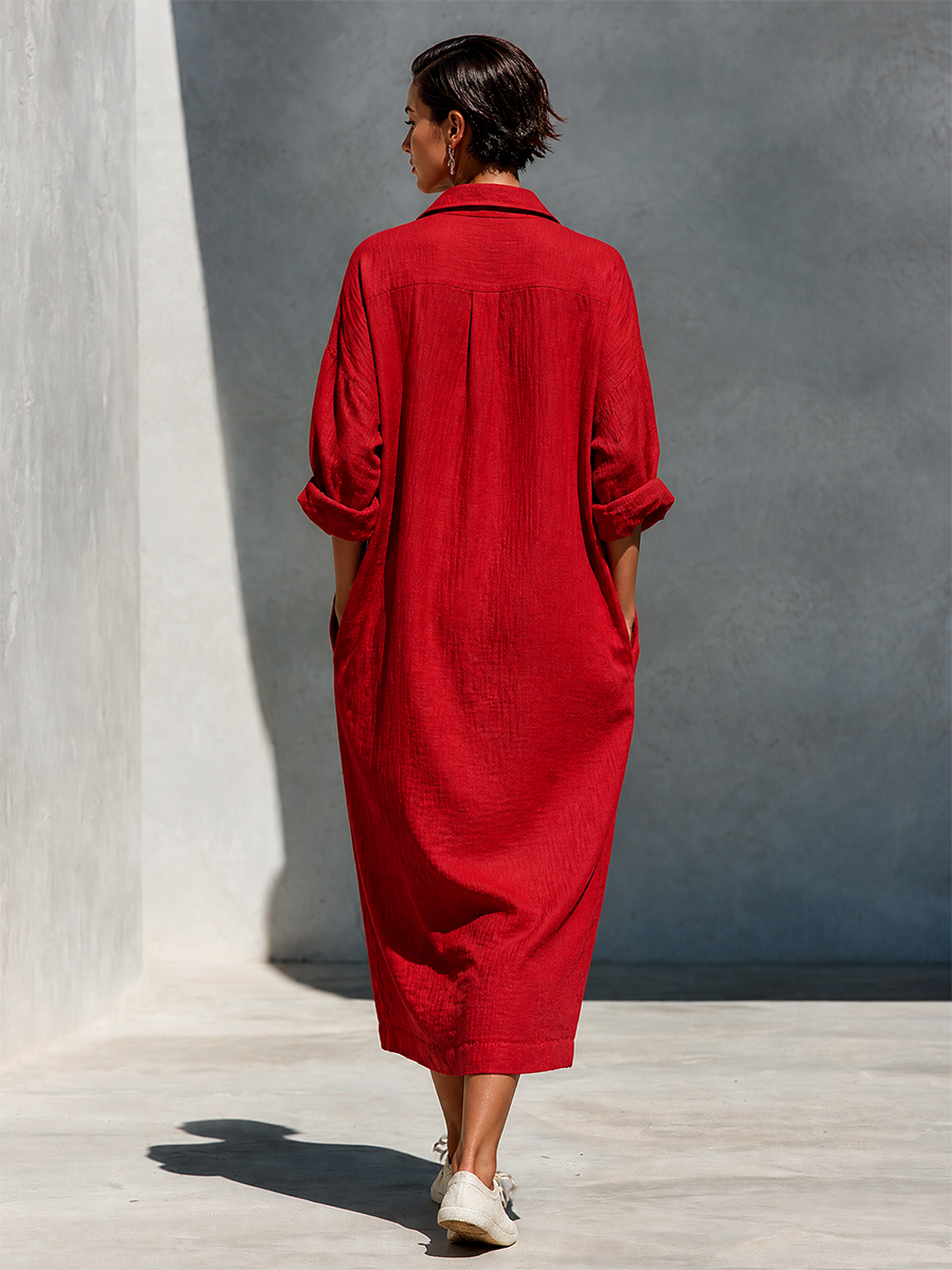Women's Red Oversized Cotton Shirt Dress For Casual Travel MDZ2040H8LYL