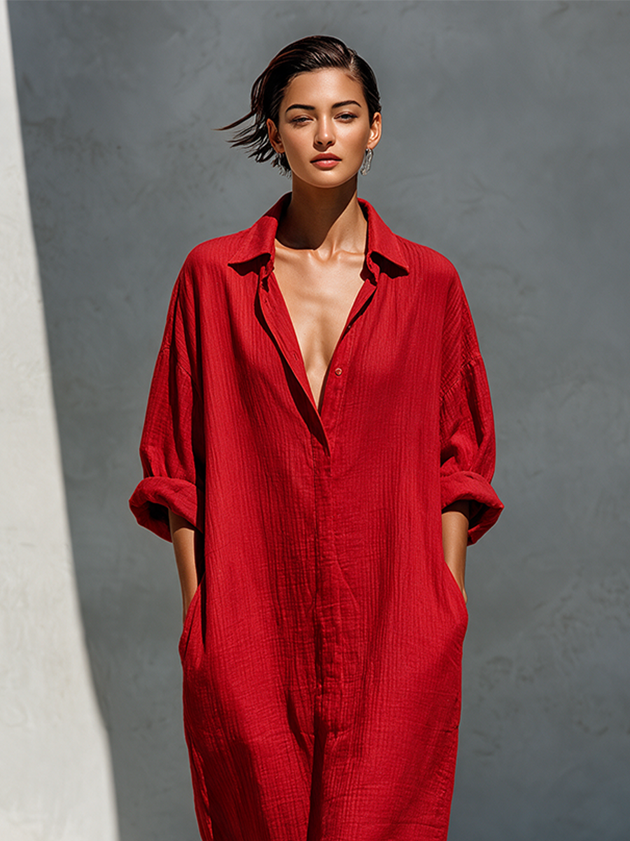 Women's Red Oversized Cotton Shirt Dress For Casual Travel MDZ2040H8LYL
