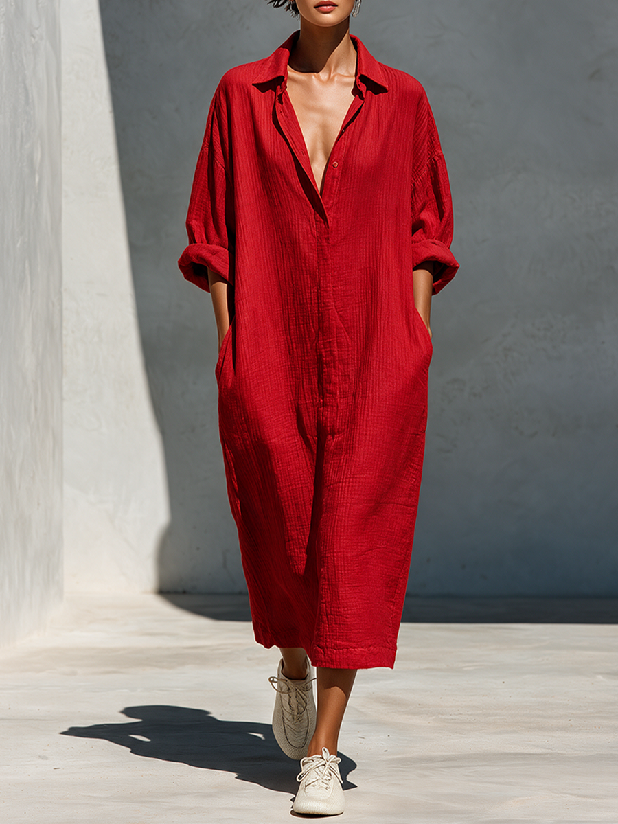 Women's Red Oversized Cotton Shirt Dress For Casual Travel MDZ2040H8LYL