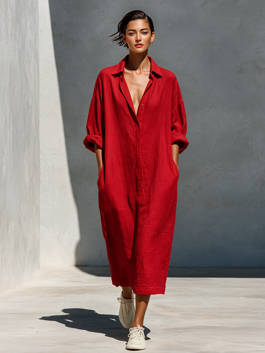 Women's Red Oversized Cotton Shirt Dress For Casual Travel MDZ2040H8LYL